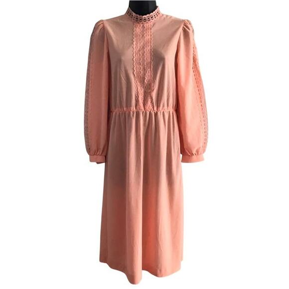 Vintage Peach JCPenney Long Sleeve Dress, 1980s Spring Dress Sz 4 or Small - Picture 1 of 8